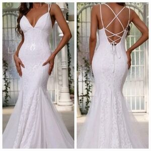 White wedding dress, cami, , lace up, Sequined, Mermaid Gown